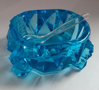 vtg med blue LARGE MASTER SALT CELLAR DIP OPEN MINT DISH geometric pattern F/S-image