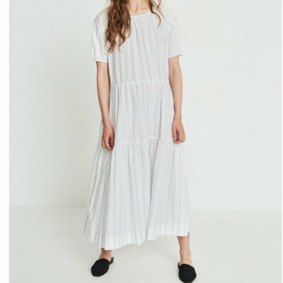 Skall Studio Lee Dress Striped Printed White Short Sleeve Midi Cotton Small S NW-image