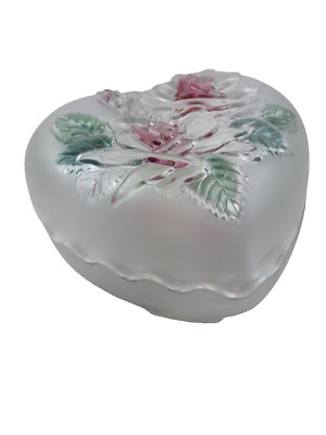 STUDIO NOVA Heart Shaped TRINKET BOX Dish Bowl 3D Emboss Glass Frosted PINK ROSE-image