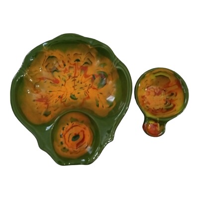 California Pottery Drip Glaze Chip Dip Bowl Set Green Yellow Orange Vintage 326-image