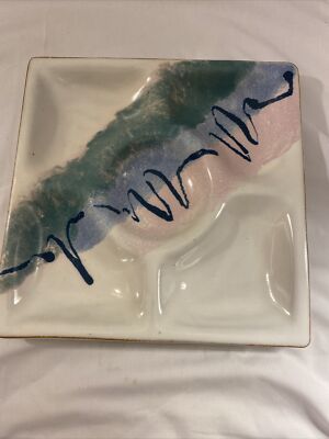 GENE BRENNER 10” Square Pottery SIGNED Studio Art Pottery Divided Vegetable Tray-image