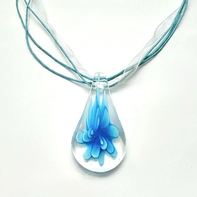 Studio Glass Blue Teardrop Ribbon Necklace/Christmas Ornament/Murano Style Art-image