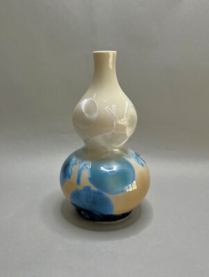 Crystalline glaze studio art pottery vase double Gourd shaped Blue Beige-image