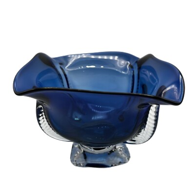 Cobalt Blue Studio Art Glass Ruffled Pedestal Bowl Signed Robinson Scott 1999-image