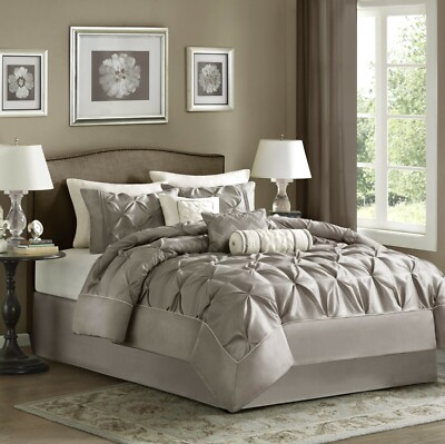 New 7pc Madison Park Piedmont Pintucked Gray Queen Comforter Set Plus-image