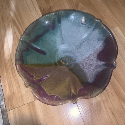 Handmade Studio Pottery Bowl Drip GlazeFluted Ruffled Flower Shaped Edge Signed-image