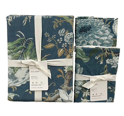 Pottery Barn DAHLIA FLORAL FULL/QUEEN Duvet & Two Standard Shams Blue NWT-image