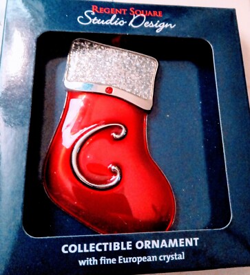 Regent Square Studio Design Christmas Ornament Red Stocking w Crystals Letter C-image