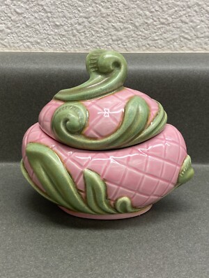 Vintage Jamar Mallory Ceramic Studio 1967 Egg Shaped Trinket Box Pink & Green-image