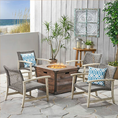 Levant Outdoor 4 Piece Wood and Wicker Club Chair Set with Fire Pit-image