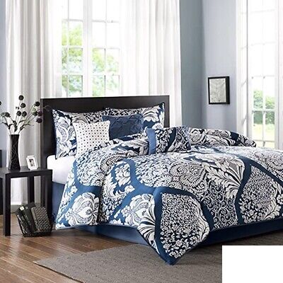 Madison Park 7 Piece Vienna Sateen Cotton Comforter -  Queen Set Indigo-image