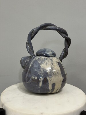 Handmade Amateur Studio Pottery Twisted Handle Mushroom Shaped Lid Heavy Teapot-image