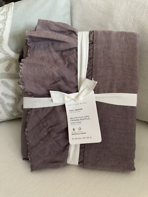 Pottery Barn ~BELGIAN FLAX LINEN FRINGE RUFFLE~ F/QUEEN Duvet ~FIG~ **DAMAGED**-image