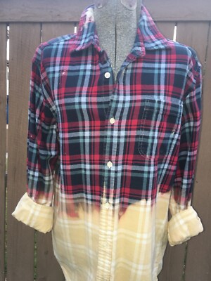 Vintage Bleach Dipped Flannel Shirt Hand Dyed with Ombre Effect Size L Slim-image