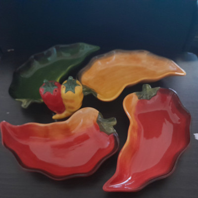 4 PC Clay Art Large Chili Pepper Shaped Dip/Chip Bowls W/ Salt & Pepper Shaker-image