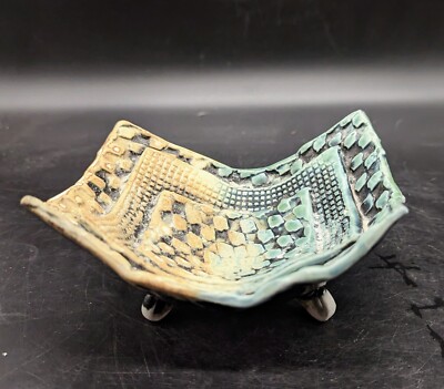 Handmade Studio Art Pottery Footed Trinket Dish Textured Checkered 5.5
