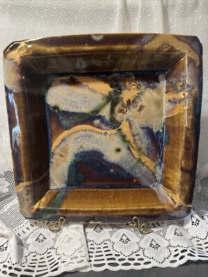 SIGNED FABULOUS SQUARE STUDIO POTTERY 11.5” SQUARE TRAY DISH ART PIECE -image