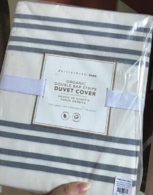 Pottery Barn Double Bar Stripe Duvet Cover Ivory Blue Queen 2 Standard Shams 3p-image