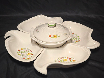 Vintage MCM Chip And Dip Relish Lazy Susan Style CALIFORNIA POTTERY 6 Piece Set-image