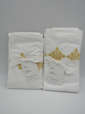 Pottery Barn Tile Embroidered Organic Percale Shams Set Of 2 Euro Yellow #C169-image