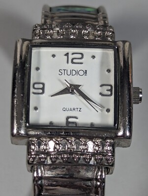 Studio White Dial Silvertone Square Case Abalone Inlay Hinge Bracelet Band Watch-image