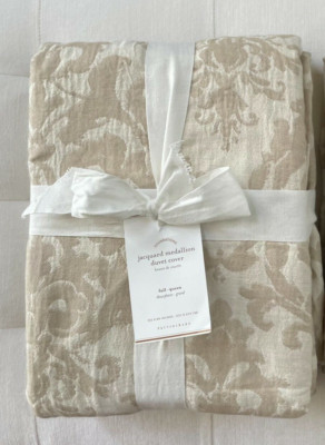 Pottery Barn JACQUARD MEDALLION Full Queen Duvet Cover Neutral Ivory Flax-image