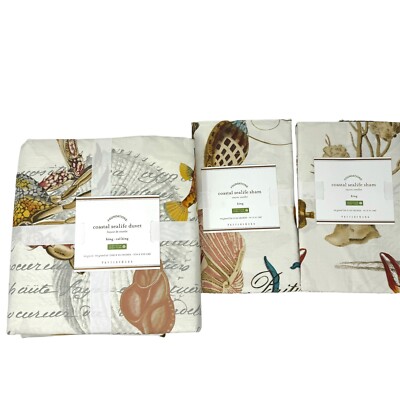 NEW RARE Pottery Barn Coastal Sea Life  King Duvet & 2 King Shams Sea Life Beach-image