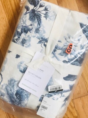 Pottery Barn Garden Floral Duvet Cover Blue Ivory King 2 King Shams Cottage 3p🦩-image
