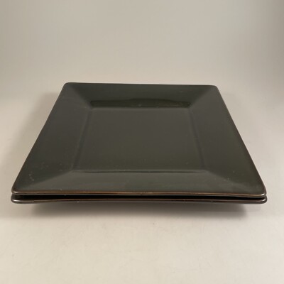 Set of 2 Pottery Barn Asian Square 10” DINNER Plates Dark Green Stoneware-image