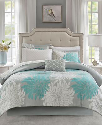 madison Park Maible Reversible 9-Pc. Comforter Set Floral Aqua Blue Queen-image