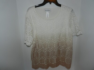 Womens Alfred Dunner L crochet front sweater top blouse dye Dipped ivory/beige-image