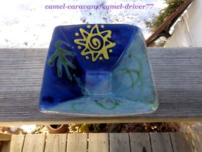 EARTHWORKS Art Studio BARBADOS Square Pottery Bowl BLUE Green Yellow SUNSHINE 2-image