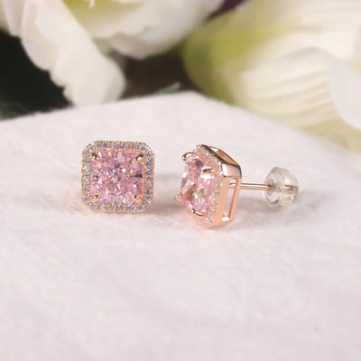 Princess Cut Pink Fire CZ Halo Stud Earrings 925 Sterling Silver-image
