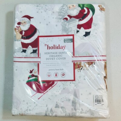 Pottery Barn Heritage Santa Organic Cotton Duvet Cover Full/Queen Christmas-image