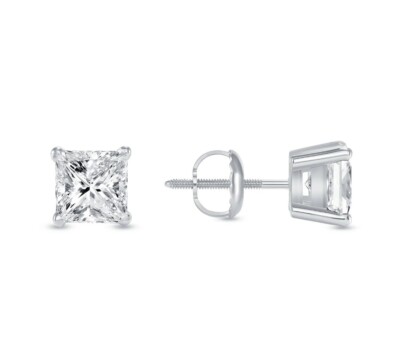 3 Ct Princess Cut GRA Moissanite Earrings Studs Solid 14K White Gold Screw Back-image