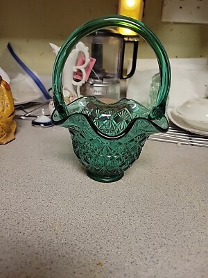 Vintage Aqua Fine Cut Marked FENTON  Bell Shaped Beautiful Basket In Pristine...-image