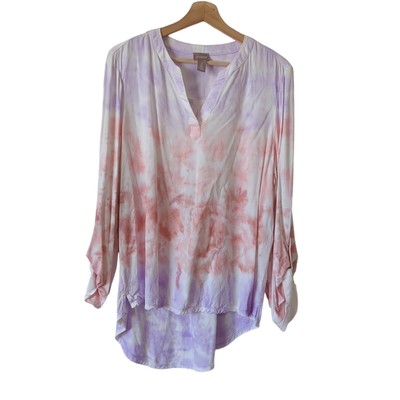 Chico's Pullover Top Womens 2 L Dip Tie Dye Pink Purple Popover Notch Neck Top-image