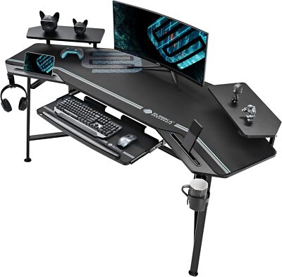 Gaming Desk with Led Lights,Large Wing-Shaped Studio Desk W Keyboard Tray-image