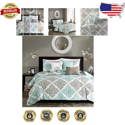 Reversible Aqua King Coverlet with Geometric Leaf Design - 6-Piece Bedding Set-image