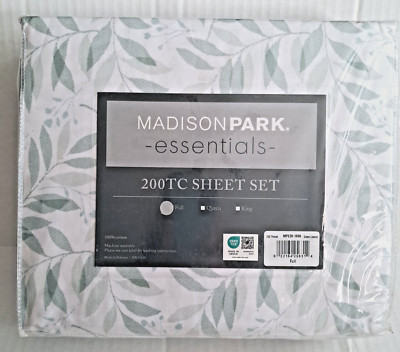 Full Size 200 Thread Count Cotton Sheet Set White Green Leaves Madison Park-image