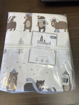 Pottery Barn Flannel Winter snowy Bear organic bed sheet set twin christmas tree-image