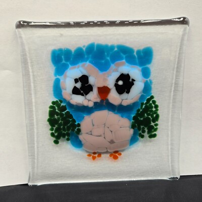 Studio Art Glass Fused Glass Owl Trinket Plate Dish 5 1/2” X 5 1/2” Super Cute!-image
