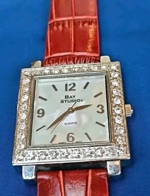 Bay Studio Women Watch Oyster Tone Face w/Rhinestones Red Leather Band   -image
