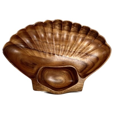 Large Monkey Pod Wood Dish Chip & Dip Clam Shell Divided Tray Serving Bowl-image