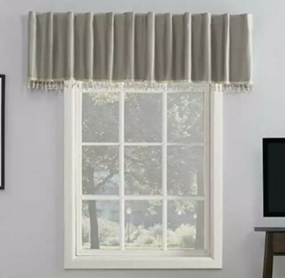 (1) Sun Zero Evelina Faux Dupioni Silk Beaded Tassels Valance Stone Beige-image