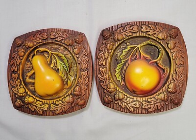 Set of 2 Vtg Miller Studio Chalkware Kitchen Wall Plaques Fruit Peach Pear 1972-image