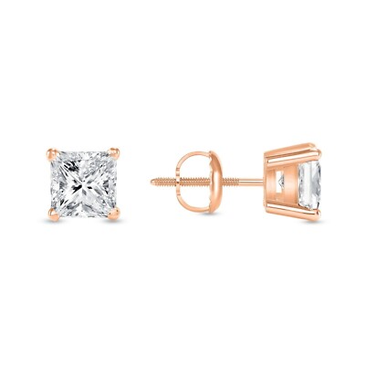 1 Ct Princess Cut Earrings Studs Real 14K Rose Gold Created Diamond Screw Back-image