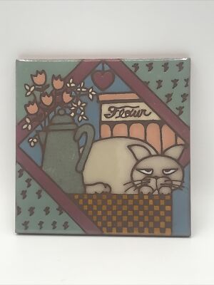 Vintage Desert Dreams Studio By Ingrassia Cat Art Glazed Pottery Tile Trivet-image