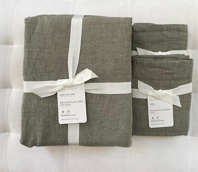 Pottery Barn BELGIAN FLAX LINEN Duvet Cover King/Cal King & King Shams Loden NWT-image