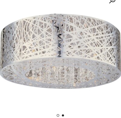 Gorgeous Flush Mt Ceiling Light, Metal Laser Cut Shade & Long Crystal Strands-image